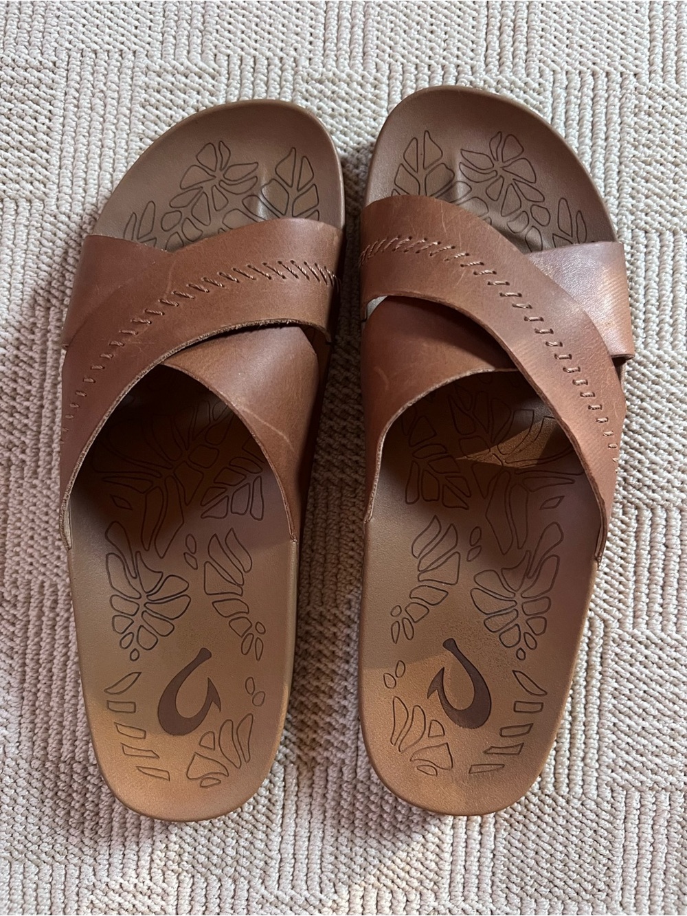 OluKai Brown Leather Crossover Slide Sandals